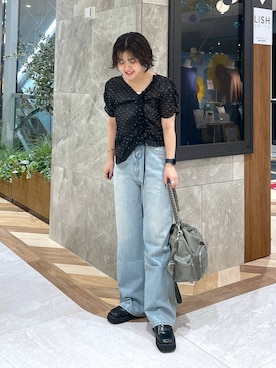 「JEANASIS（ジーナシス）のチェーンハンドルキンチャクBAG/1023355（ショルダーバッグ、グリーン系）」を使った、yukiさん（レディース・155cm）の夏コーディネート