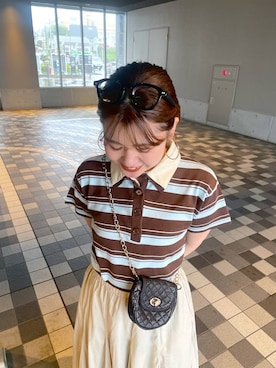 「JEANASIS（ジーナシス）のコットンボリュームフレアスカート/660128（スカート、ベージュ系）」を使った、yukiさん（レディース・155cm）の春コーディネート