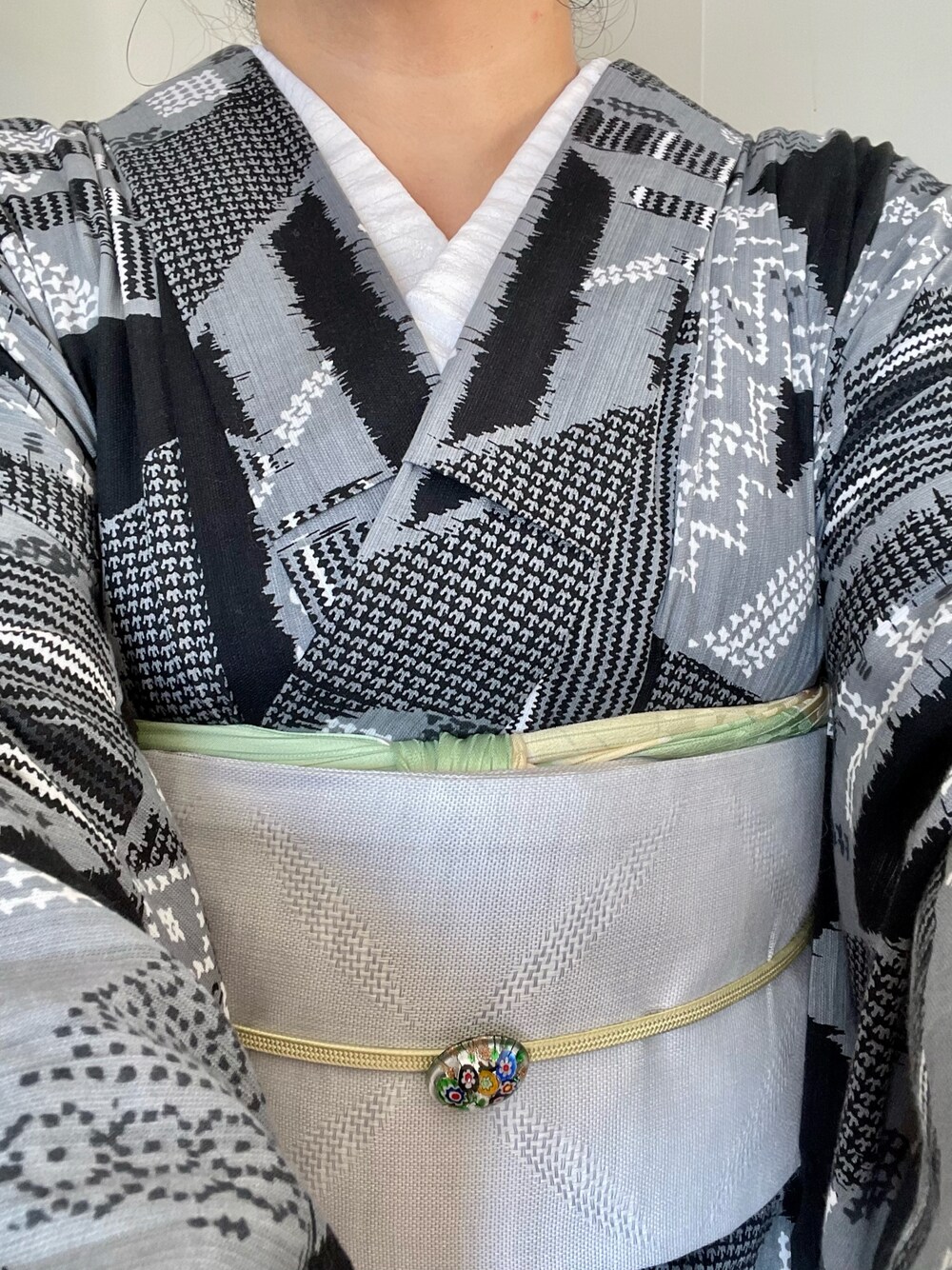 「初秋コーデ、着物、きもの、モノトーン、グレー、着物コーデ、木綿着物、秋服、モノトーンコーデ、シトラス」｜「のののアイテム（着物、グレー系）」を使った、Jemさん（レディース・156cm）の秋コーディネートの1枚目の写真
