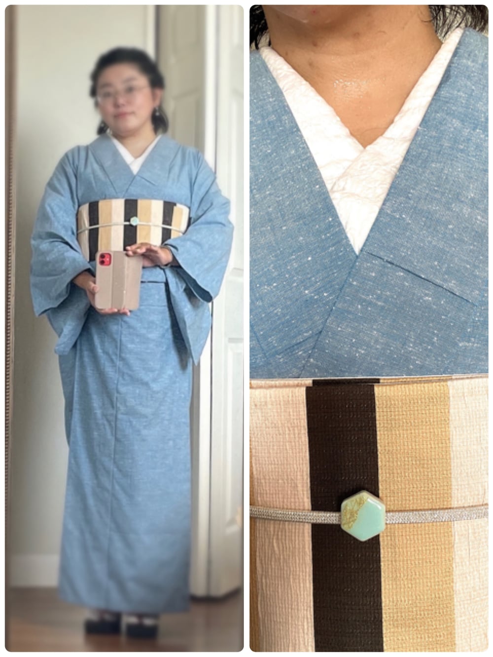 「秋服、キレイめ、着物、久留米、木綿着物、顔タイプフェミニン、ストレート骨格」｜「Macleのアイテム（和装小物、ベージュ系）」を使った、Jemさん（レディース・156cm）の秋コーディネートの1枚目の写真