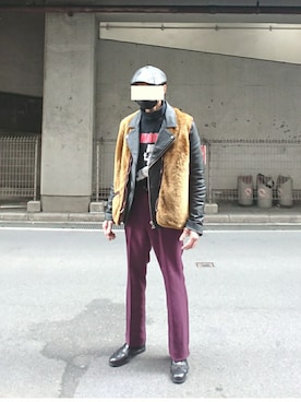 「ランチャーパンツ」｜「アイテム（ハンチング/ベレー帽）」を使った、たっくんさん（メンズ・176cm）の冬コーディネート