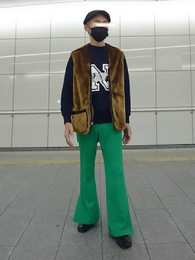 「スリットパンツ」｜「アイテム（ハンチング/ベレー帽）」を使った、たっくんさん（メンズ・176cm）の秋コーディネート