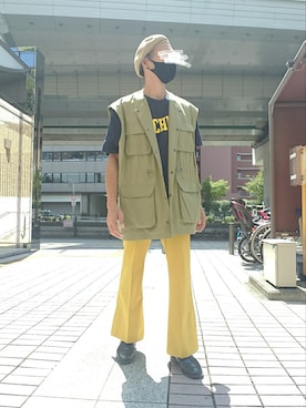 「スリットパンツ」｜「アイテム（ハンチング/ベレー帽）」を使った、たっくんさん（メンズ・176cm）の秋コーディネート