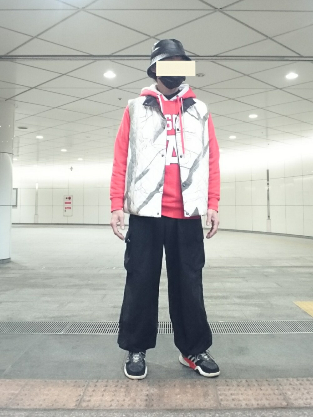 ブラック系のダウンベスト、レッド系のパーカー、ブラック系のカーゴパンツを着用したメンズの春コーディネートの1枚目の写真