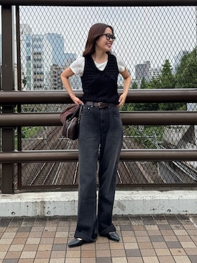 「fredy emue（フレディエミュ）の【@sora_522m企画】BASIC STRAIGHT LIGHT DENIM（デニムパンツ、ブラック系）」を使った、miuraさん（レディース・160cm）の夏コーディネート