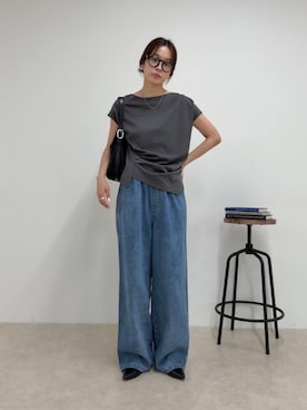 「fredy emue（フレディエミュ）のアシメデザインカットソーブラウス（Tシャツ/カットソー、グレー系）」を使った、miuraさん（レディース・160cm）の夏コーディネート
