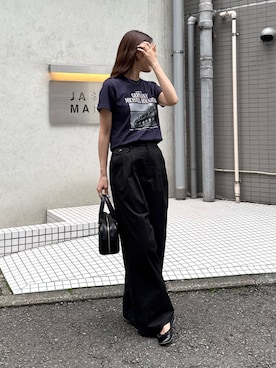 「fredy emue（フレディエミュ）の【haru × GOOD ROCK SPEED】PhotoロゴコンパクトTシャツ（Tシャツ/カットソー、ブルー系）」を使った、miuraさん（レディース・160cm）の夏コーディネート