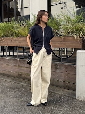 「fredy emue（フレディエミュ）のミニ裏毛前開きZIPプルオーバー（Tシャツ/カットソー、ブルー系）」を使った、miuraさん（レディース・160cm）の夏コーディネート