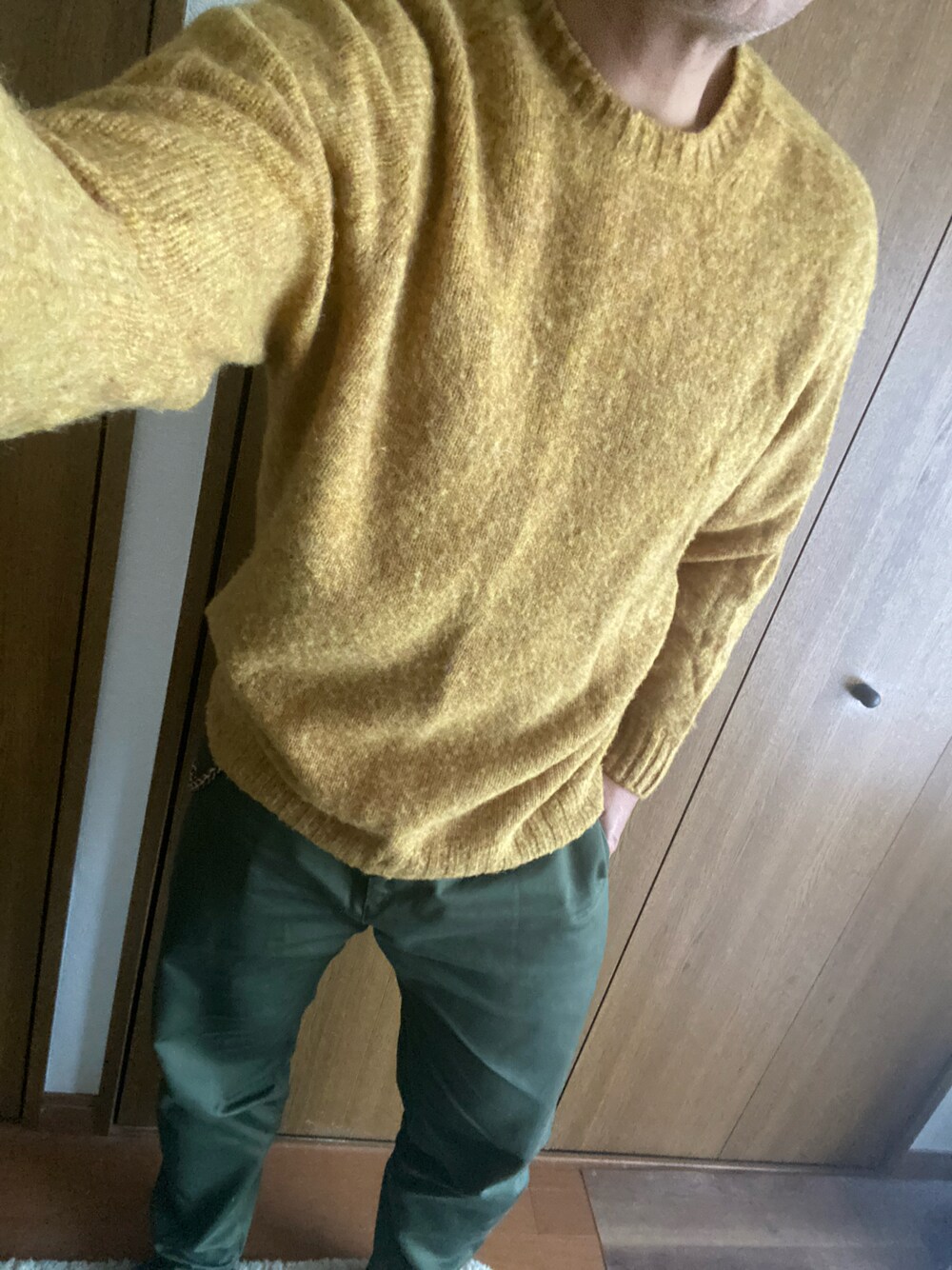 「CALEE」｜「CALEEのアイテム（チノパンツ、グリーン系）」を使った、飛車角さん（メンズ・180cm）の秋コーディネートの1枚目の写真