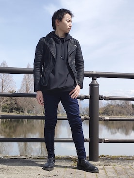 「アイテム（ライダースジャケット）」を使った、miyariさん（メンズ・170cm・30代）の春コーディネート