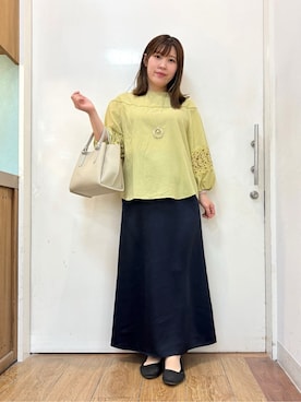 「SHOO・LA・RUE（シューラルー）の【NEW/22.5㎝-24.5㎝】洗えてサラサラ ニットパンプス（パンプス、ブラック系）」を使った、だいわさん（レディース・155cm）の春コーディネート