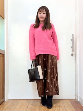 「SHOO・LA・RUE（シューラルー）の【洗濯機可】お気に入りカラーを身にまとって　ふんわりゆるニット（ニット/セーター、ピンク系）」を使った、だいわさん（レディース・155cm）の冬コーディネート
