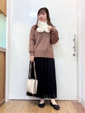 「SHOO・LA・RUE（シューラルー）の【洗濯機可/S-LL】厚すぎない　ゆったりシンプルもちもちニット（ニット/セーター、ブラウン系）」を使った、だいわさん（レディース・155cm）の冬コーディネート
