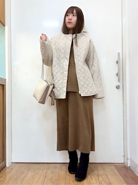 「SHOO・LA・RUE（シューラルー）の【洗濯機可/S-LL/撥水】ゴールドパーツで上品に 大人が着たい ノーカラーキルトジャケット（ノーカラージャケット、ベージュ系）」を使った、だいわさん（レディース・155cm）の冬コーディネート