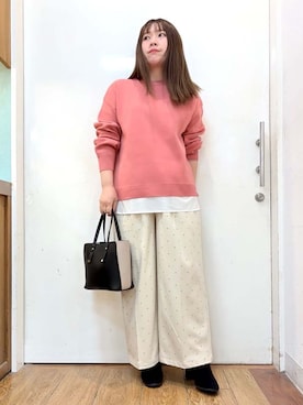 「SHOO・LA・RUE（シューラルー）の【高レビュー/洗濯機可/S-LL】さらに軽くなった スポンディッシュ裾フェイクトップス（ニット/セーター、ピンク系）」を使った、だいわさん（レディース・155cm）の冬コーディネート