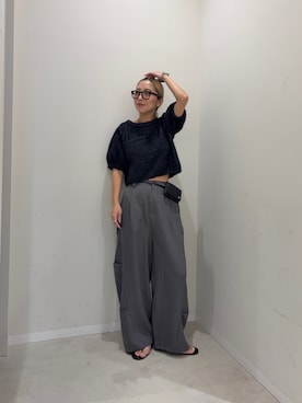 「SENSE OF PLACE by URBAN RESEARCH（センスオブプレイスバイアーバンリサーチ）の『洗濯可』フサフサハーフスリーブニット（ニット/セーター、ブラック系）」を使った、スズキダさん（レディース・160cm）の夏コーディネート