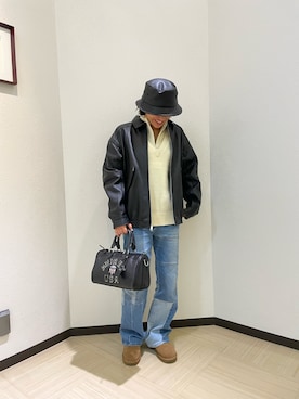 「レザー」｜「アイテム（ボストンバッグ）」を使った、nagipiiさん（レディース・163cm）の冬コーディネート