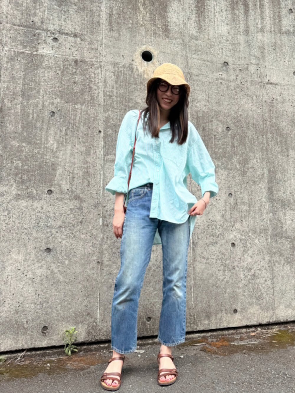 「夏ルックで気分アップ、デニム、夏服コーデ」｜「Spick & Spanのオックスルーズシャツ（シャツ/ブラウス、グリーン系）」を使った、Fuyukaさん（骨格ナチュラル・レディース・161cm）の夏コーディネートの1枚目の写真