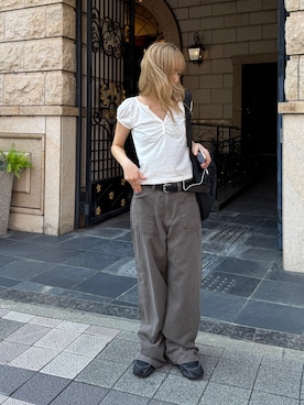 「CANAL JEAN（キャナルジーン）のHARING　胸シャーリングTシャツ（Tシャツ/カットソー、ホワイト系）」を使った、ANNAさん（レディース・158cm）の夏コーディネート