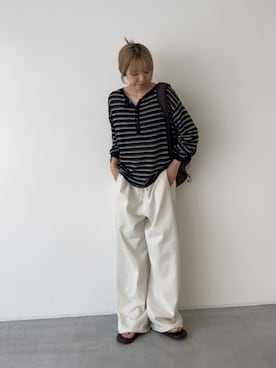 「CANAL JEAN（キャナルジーン）のEl mar　ボーダーヘンリー長袖ニット（ニット/セーター、ブラック系）」を使った、ANNAさん（レディース・158cm）の夏コーディネート