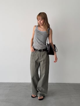 「CANAL JEAN（キャナルジーン）のCOIN　スラブレーヨンマルチボーダータンク（タンクトップ、グレー系）」を使った、ANNAさん（レディース・158cm）の夏コーディネート