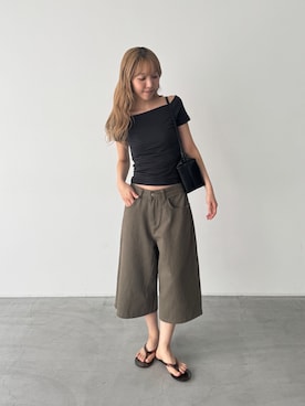「CANAL JEAN（キャナルジーン）のEl mar　ボーダーオフショルTシャツ（Tシャツ/カットソー、グレー系）」を使った、ANNAさん（レディース・158cm）の夏コーディネート