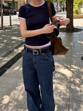 「CANAL JEAN（キャナルジーン）のEl mar　BASICコンパクトTシャツ（Tシャツ/カットソー、ブルー系）」を使った、ANNAさん（レディース・158cm）の夏コーディネート