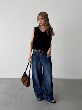 「CANAL JEAN（キャナルジーン）のEl mar　ライトオンスワイドストレートデニムパンツ 610（デニムパンツ、ブルー系）」を使った、ANNAさん（レディース・158cm）の夏コーディネート