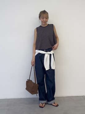 「CANAL JEAN（キャナルジーン）のHARING　ボーダーフレアタンク（タンクトップ、ブラウン系）」を使った、ANNAさん（レディース・158cm）の夏コーディネート