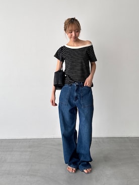 「CANAL JEAN（キャナルジーン）のEl mar　リンガーボーダーオフショルTシャツ（Tシャツ/カットソー、ブラック系）」を使った、ANNAさん（レディース・158cm）の夏コーディネート