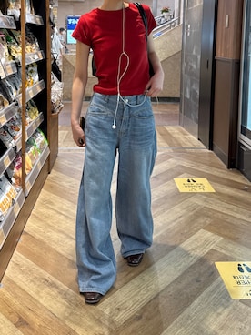 「CANAL JEAN（キャナルジーン）のEl mar　ヨークワイドライトデニムパンツ 611（デニムパンツ、ブルー系）」を使った、ANNAさん（レディース・158cm）の夏コーディネート