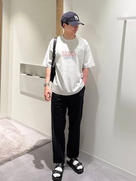 「GLOBAL WORK（グローバルワーク）のエアかるイージーパンツ/633983（その他パンツ、ブラック系）」を使った、きむさん（メンズ・168cm）の夏コーディネート