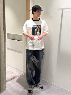 「GLOBAL WORK（グローバルワーク）の【The Saturday Evening Post】マイニチタキノウクルーTシャツ/1055053（Tシャツ/カットソー、ホワイト系）」を使った、きむさん（メンズ・168cm）の秋コーディネート