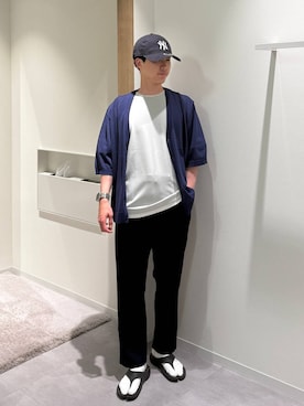 「GLOBAL WORK（グローバルワーク）のスゴラクストレッチリラックスパンツ/601340（その他パンツ、ブルー系）」を使った、きむさん（メンズ・168cm）の夏コーディネート
