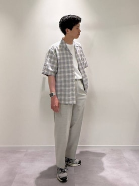 「GLOBAL WORK（グローバルワーク）のアーバンクリーンワイドパンツ/AIR/632890（スラックス、ホワイト系）」を使った、きむさん（メンズ・168cm）の夏コーディネート