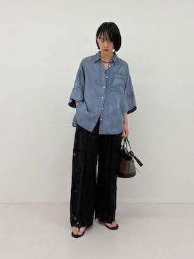 「URBAN RESEARCH（アーバンリサーチ）のハーフスリーブシアーデニムシャツ（シャツ/ブラウス、ブルー系）」を使った、mackeyさん（レディース・160cm）の春コーディネート