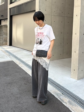 「URBAN RESEARCH（アーバンリサーチ）の『別注』GOOD ROCK SPEED×URBAN RESEARCH　CAT T-SHIRTS（Tシャツ/カットソー、ホワイト系）」を使った、mackeyさん（レディース・160cm）の夏コーディネート
