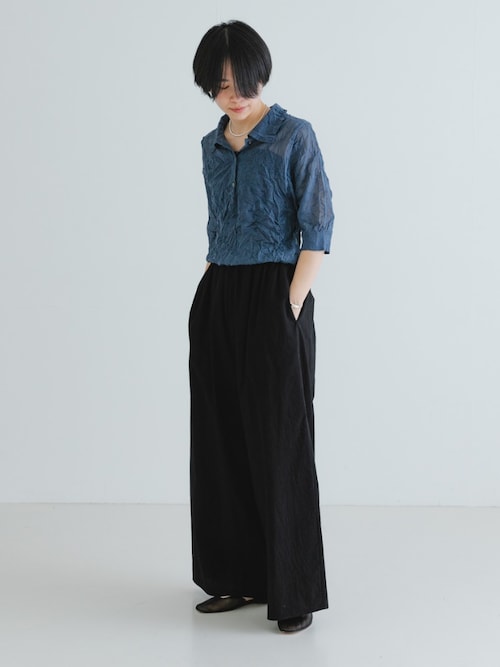 new basic　リネン混ワッシャーシャツカラーニット