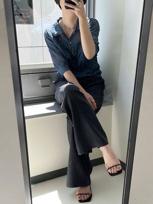 new basic　リネン混ワッシャーシャツカラーニット