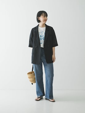 「URBAN RESEARCH（アーバンリサーチ）のシアーメッシュハーフスリーブジャケット（テーラードジャケット、ブルー系）」を使った、mackeyさん（レディース・160cm）の春コーディネート