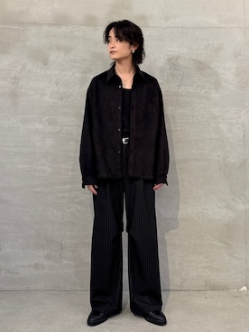 「Lui's（ルイス）のウォッシャブルスエードシャツ（シャツ/ブラウス、ブラック系）」を使った、れちおさん（メンズ・173cm）の春コーディネート