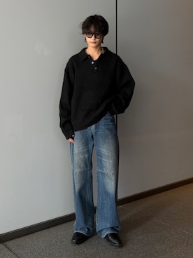 「Lui's（ルイス）の【Neucon】FINE SOFT SHAGGY KNIT POLO / ファインソフトシャギーニットポロシャツ（ニット/セーター、ブラック系）」を使った、れちおさん（メンズ・173cm）の秋コーディネート