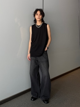 「Lui's（ルイス）の【Neucon】VINTAGE WASH BAGGY CURVE DENIM / ヴィンテージウォッシュバギーカーブデニムパンツ / セットアップ対応（デニムパンツ、ブラック系）」を使った、れちおさん（メンズ・173cm）の夏コーディネート