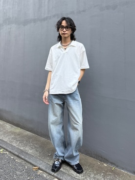 「Lui's（ルイス）の鹿の子S/Sスキッパーポロ（Tシャツ/カットソー、ホワイト系）」を使った、れちおさん（メンズ・173cm）の夏コーディネート