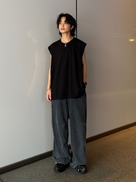 「Lui's（ルイス）のSHINE ノースリーブ（Tシャツ/カットソー、ブラック系）」を使った、れちおさん（メンズ・173cm）の夏コーディネート