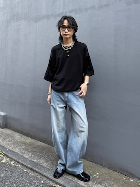 「Lui's（ルイス）のレイヤードヘンリーショートスリーブTシャツ（Tシャツ/カットソー、ブラック系）」を使った、れちおさん（メンズ・173cm）の夏コーディネート