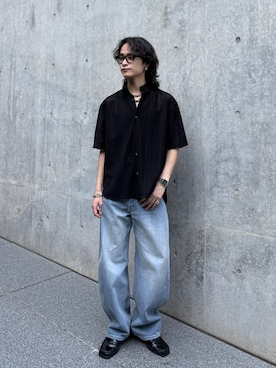 「Lui's（ルイス）のシアーレース半袖シャツ（シャツ/ブラウス、ブラック系）」を使った、れちおさん（メンズ・173cm）の夏コーディネート