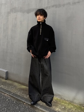 「Lui's（ルイス）のウールMIX ハーフジップ スタンドプルオーバー（Tシャツ/カットソー、ブラック系）」を使った、れちおさん（メンズ・173cm）の秋コーディネート