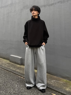 「Lui's（ルイス）のラグランスリーブ オフタートル プルオーバー（Tシャツ/カットソー、ブラック系）」を使った、れちおさん（メンズ・173cm）の秋コーディネート