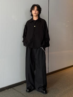「Lui's（ルイス）の【Neucon】2-TUCK WIDE STRAIGHT SLACKS / 2タックワイドストレートスラックスパンツ（スラックス、ブラック系）」を使った、れちおさん（メンズ・173cm）の夏コーディネート